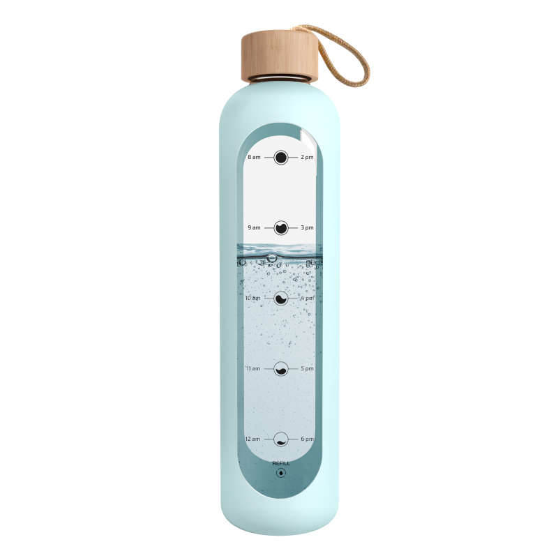 Szklana butelka motywacyjna Aquafloow MotivateGlass z niebieskim etui 1000 ml Szklana butelka motywacyjna Aquafloow MotivateGlass z niebieskim etui 1000 ml