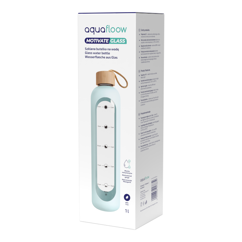 Szklana butelka motywacyjna Aquafloow MotivateGlass z niebieskim etui 1000 ml Szklana butelka motywacyjna Aquafloow MotivateGlass z niebieskim etui 1000 ml