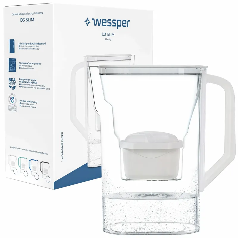 Dzbanek filtrujący Wessper D3 Slim Aquamax 2,7 l biały z filtrem Aquamax Standard