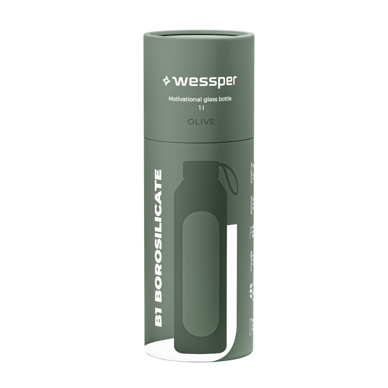 Szklana butelka na wodę 1 l Wessper B1 Borosilicate Olive – szczelna, bez BPA, z miarką Szklana butelka na wodę 1 l Wessper B1 Borosilicate Olive – szczelna, bez BPA, z miarką