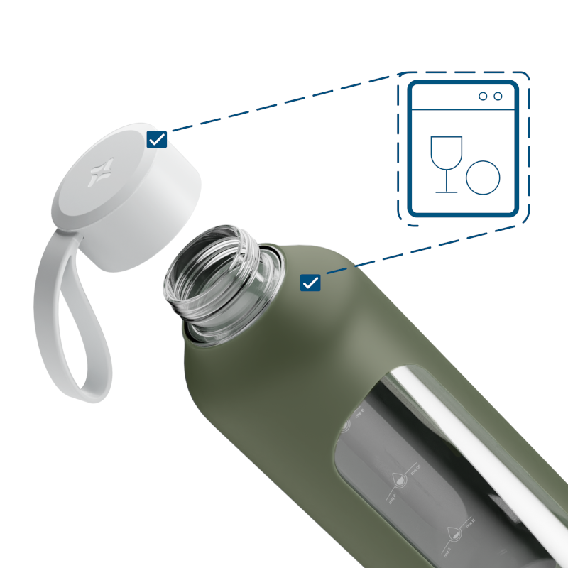 Szklana butelka na wodę 1 l Wessper B1 Borosilicate Olive – szczelna, bez BPA, z miarką Szklana butelka na wodę 1 l Wessper B1 Borosilicate Olive – szczelna, bez BPA, z miarką