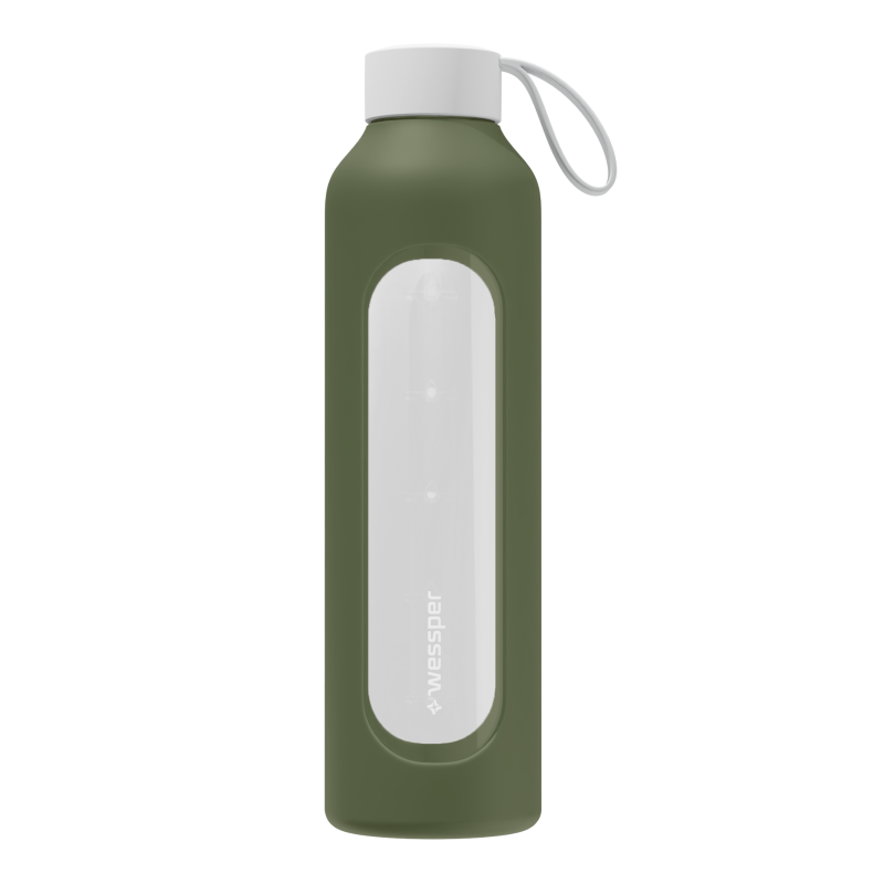 Szklana butelka na wodę 1 l Wessper B1 Borosilicate Olive – szczelna, bez BPA, z miarką