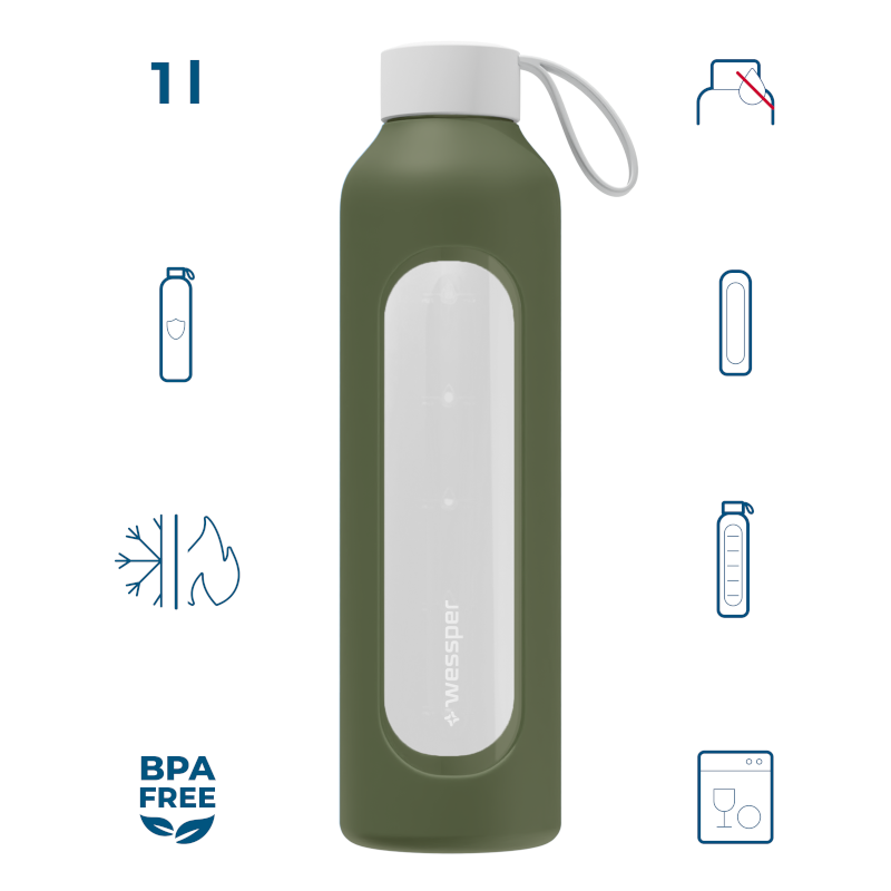 Szklana butelka na wodę 1 l Wessper B1 Borosilicate Olive – szczelna, bez BPA, z miarką Szklana butelka na wodę 1 l Wessper B1 Borosilicate Olive – szczelna, bez BPA, z miarką