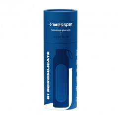 Szklana butelka na wodę 1 l Wessper B1 Borosilicate Navy Blue – szczelna, bez BPA, z miarką