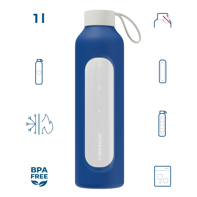 Szklana butelka na wodę 1 l Wessper B1 Borosilicate Navy Blue – szczelna, bez BPA, z miarką Szklana butelka na wodę 1 l Wessper B1 Borosilicate Navy Blue – szczelna, bez BPA, z miarką