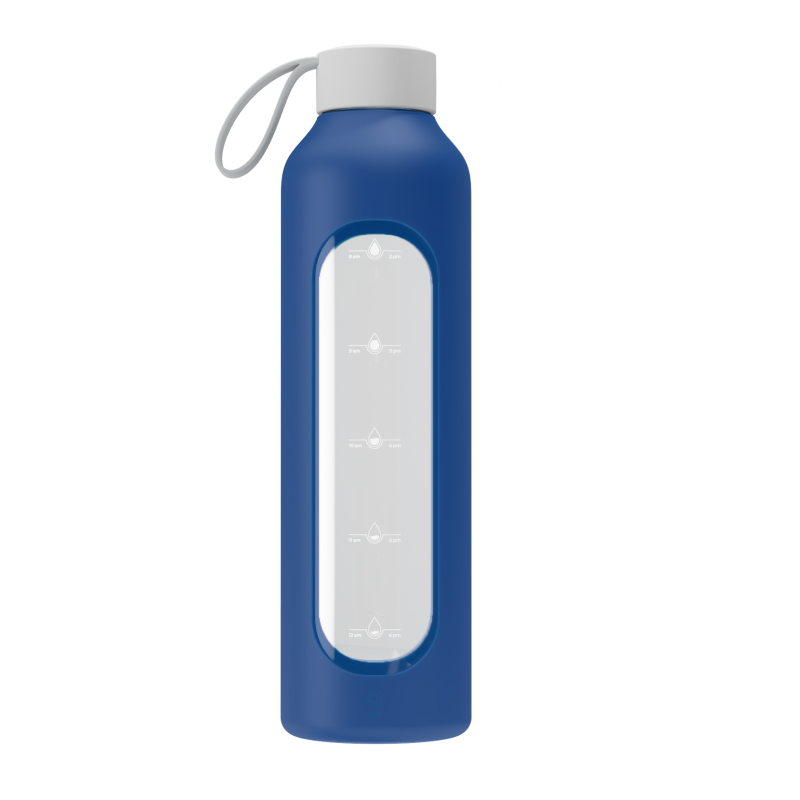 Szklana butelka na wodę 1 l Wessper B1 Borosilicate Navy Blue – szczelna, bez BPA, z miarką