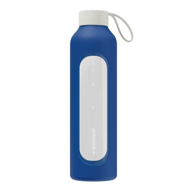 Szklana butelka na wodę 1 l Wessper B1 Borosilicate Navy Blue – szczelna, bez BPA, z miarką
