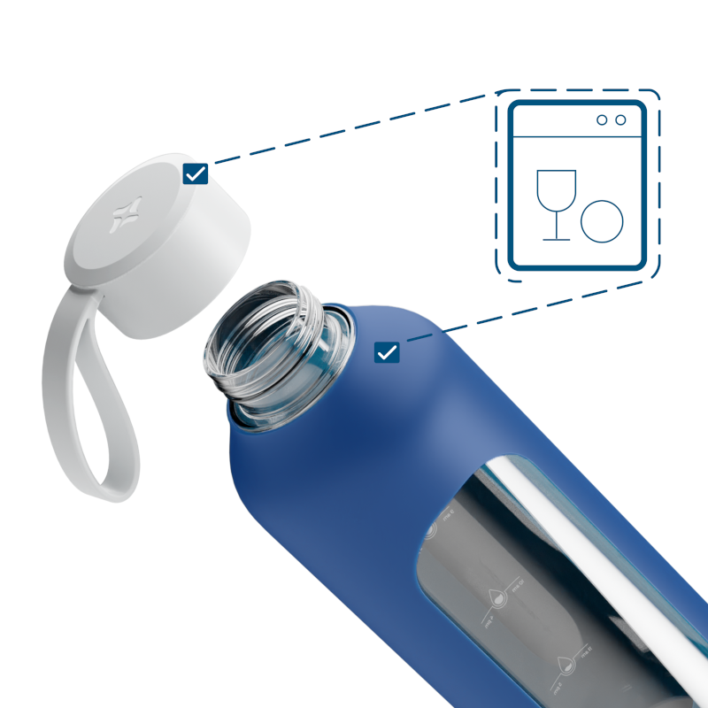 Szklana butelka na wodę 1 l Wessper B1 Borosilicate Navy Blue – szczelna, bez BPA, z miarką Szklana butelka na wodę 1 l Wessper B1 Borosilicate Navy Blue – szczelna, bez BPA, z miarką