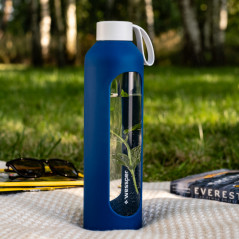 Szklana butelka na wodę 1 l Wessper B1 Borosilicate Navy Blue – szczelna, bez BPA, z miarką