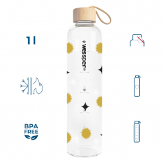 Szklana butelka motywacyjna Wessper ActiveMax Crystalline 1L z nadrukiem w promienie słońca oraz gwiazdki