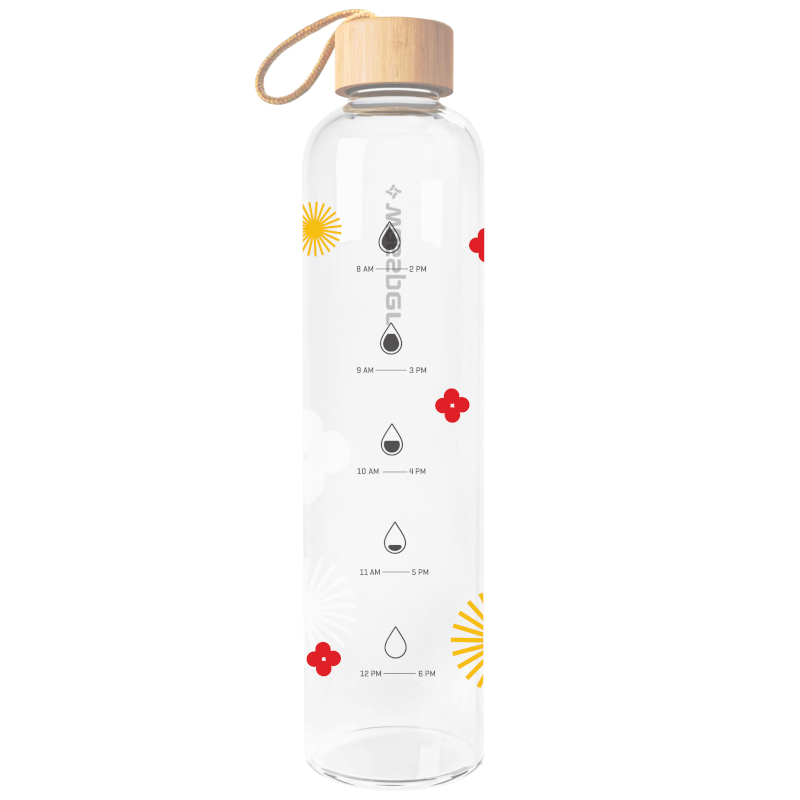 Szklana butelka motywacyjna Wessper ActiveMax Crystalline 1L z nadrukiem w czerwone kwiaty i żółte promienie