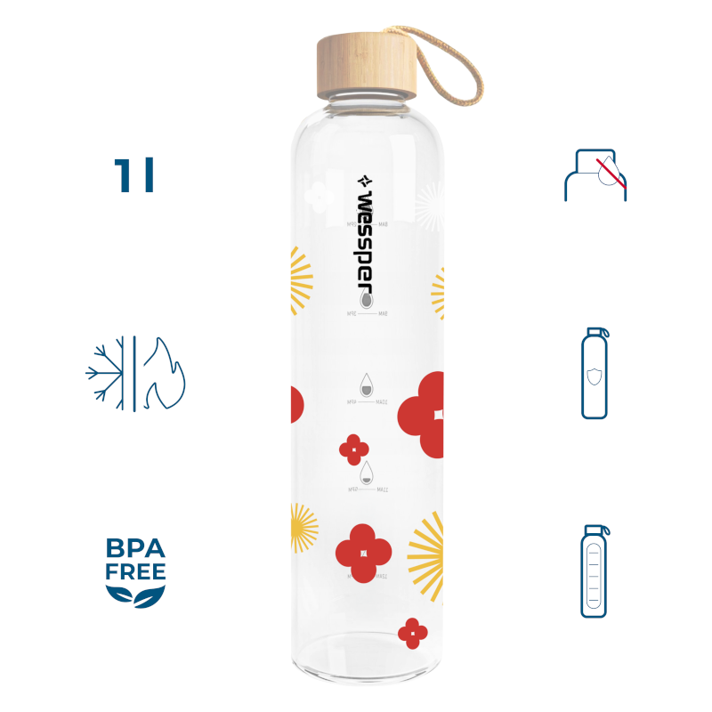 Szklana butelka motywacyjna Wessper ActiveMax Crystalline 1L z nadrukiem w czerwone kwiaty i żółte promienie