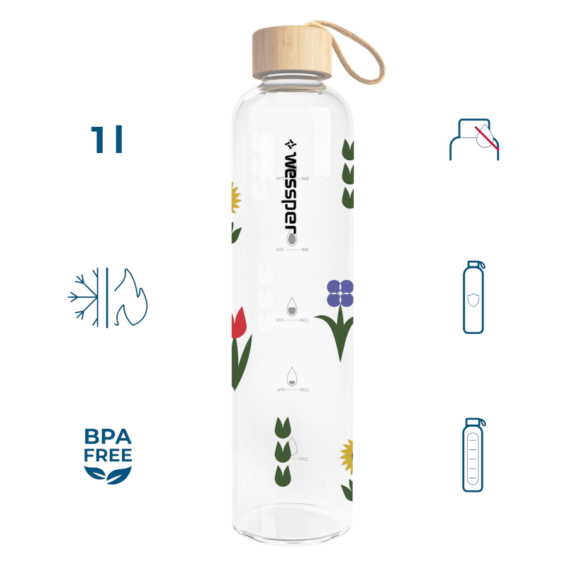 Szklana butelka motywacyjna Wessper ActiveMax Crystalline 1L z nadrukiem w kolorowe kwiaty