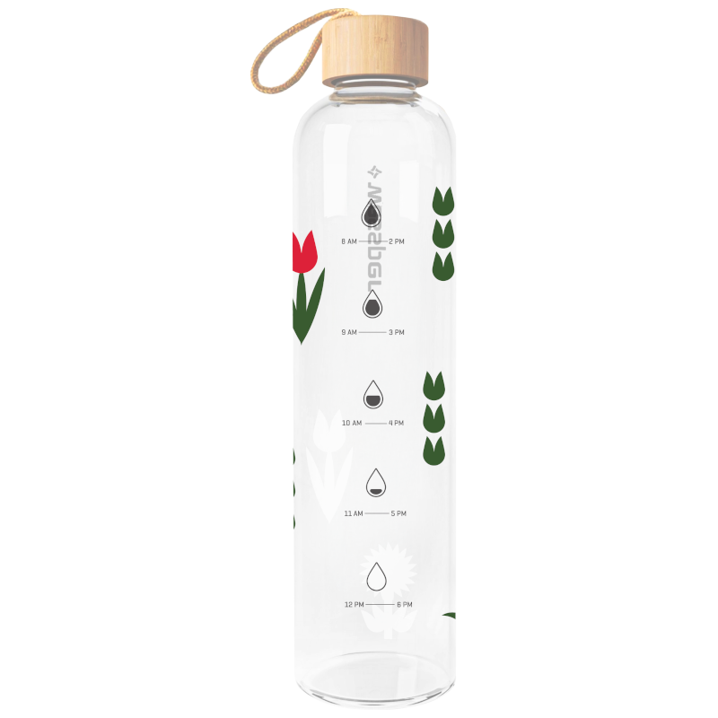 Szklana butelka motywacyjna Wessper ActiveMax Crystalline 1L z nadrukiem w kolorowe kwiaty
