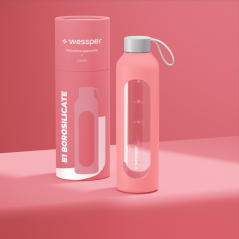 Szklana butelka na wodę 1 l Wessper B1 Borosilicate Pink – szczelna, bez BPA, z miarką