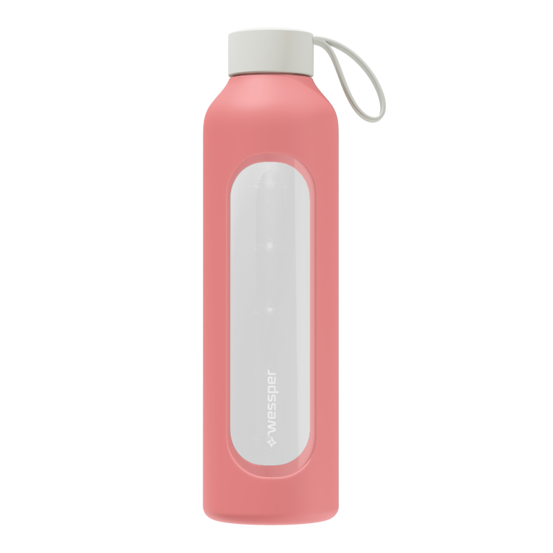 Szklana butelka na wodę 1 l Wessper B1 Borosilicate Pink – szczelna, bez BPA, z miarką