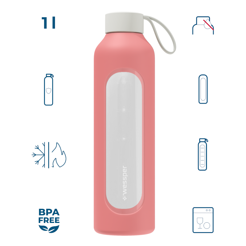 Szklana butelka na wodę 1 l Wessper B1 Borosilicate Pink – szczelna, bez BPA, z miarką Szklana butelka na wodę 1 l Wessper B1 Borosilicate Pink – szczelna, bez BPA, z miarką