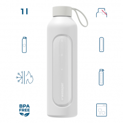 Szklana butelka na wodę 1 l Wessper B1 Borosilicate White – szczelna, bez BPA, z miarką