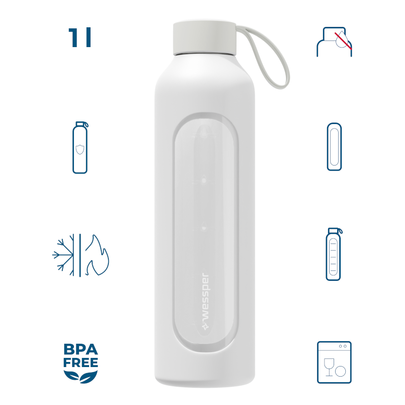 Szklana butelka na wodę 1 l Wessper B1 Borosilicate White – szczelna, bez BPA, z miarką Szklana butelka na wodę 1 l Wessper B1 Borosilicate White – szczelna, bez BPA, z miarką