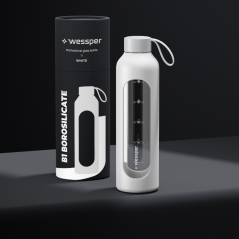 Szklana butelka na wodę 1 l Wessper B1 Borosilicate White – szczelna, bez BPA, z miarką
