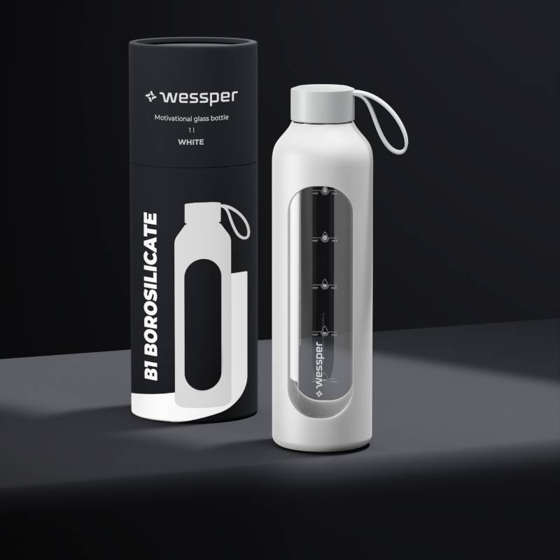 Szklana butelka na wodę 1 l Wessper B1 Borosilicate White – szczelna, bez BPA, z miarką Szklana butelka na wodę 1 l Wessper B1 Borosilicate White – szczelna, bez BPA, z miarką