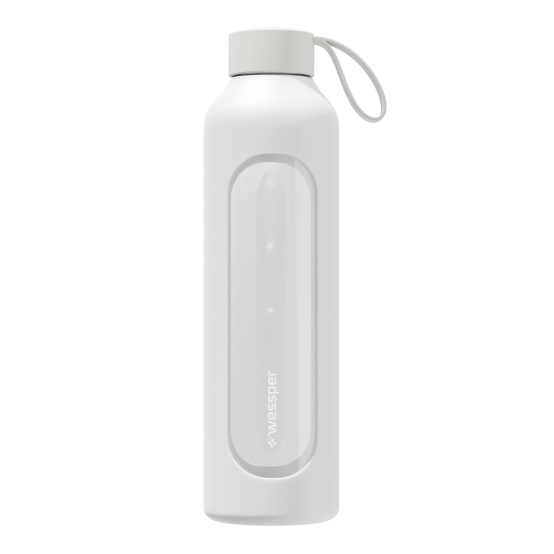 Szklana butelka na wodę 1 l Wessper B1 Borosilicate White – szczelna, bez BPA, z miarką