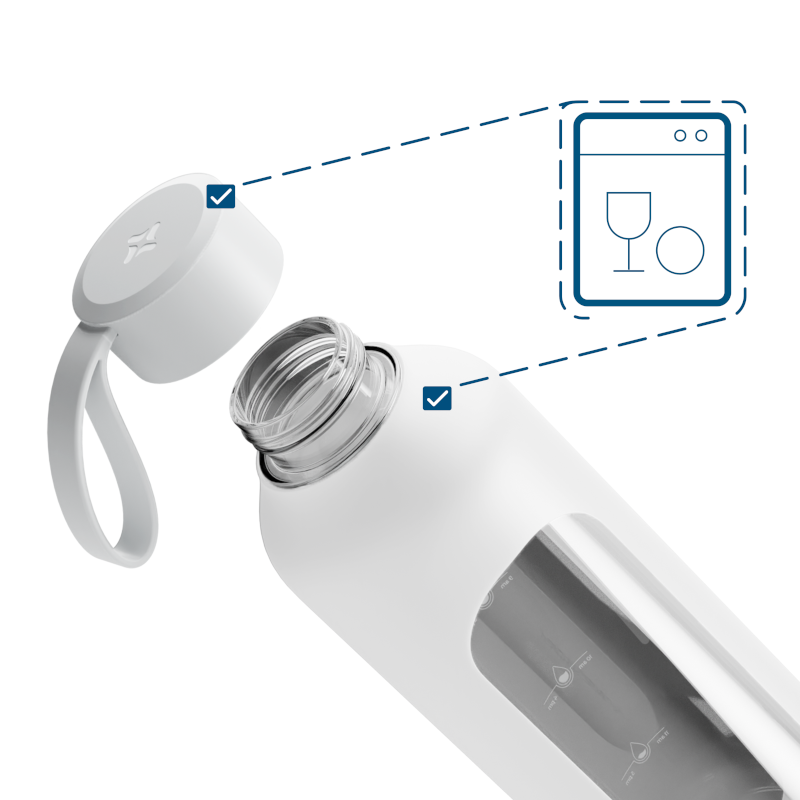 Szklana butelka na wodę 1 l Wessper B1 Borosilicate White – szczelna, bez BPA, z miarką Szklana butelka na wodę 1 l Wessper B1 Borosilicate White – szczelna, bez BPA, z miarką