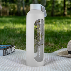 Szklana butelka na wodę 1 l Wessper B1 Borosilicate White – szczelna, bez BPA, z miarką