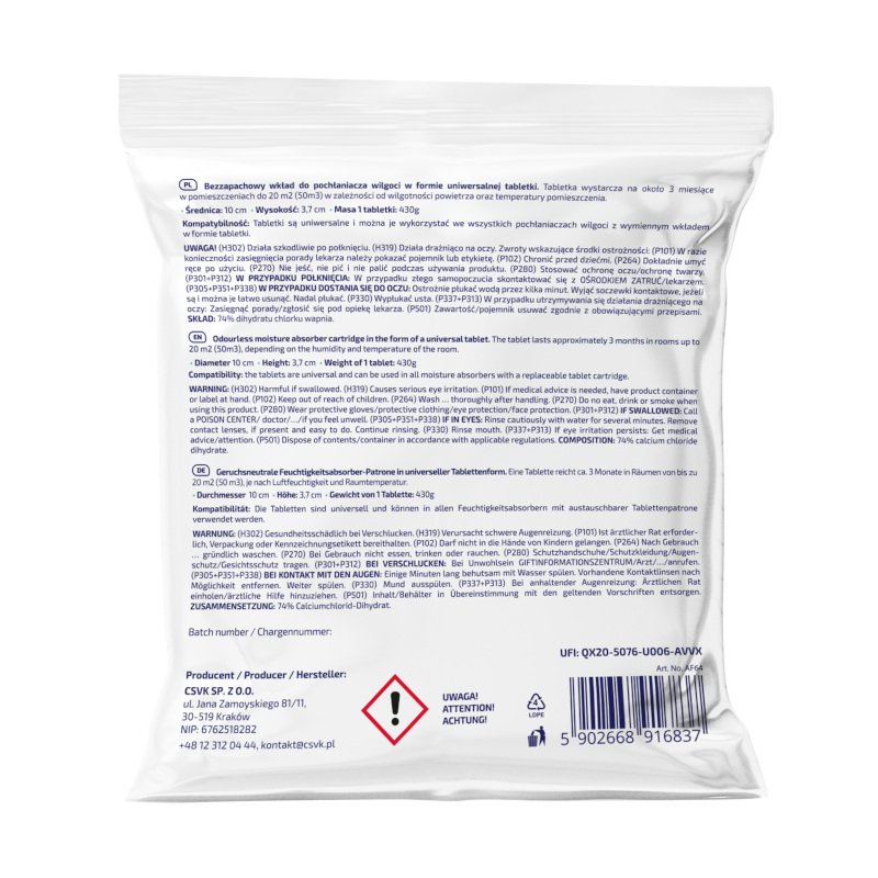 Tabletki (wkłady) uniwersalne do pochłaniacza wilgoci Aquafloow 4x430g Tabletki (wkłady) uniwersalne do pochłaniacza wilgoci Aquafloow 4x430g