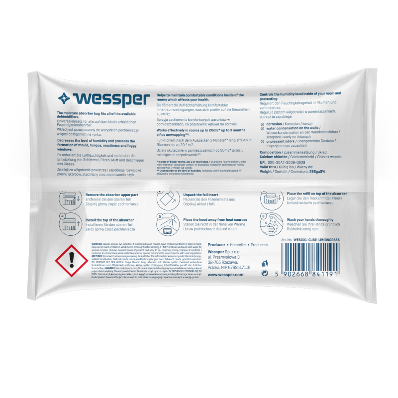 Uniwersalna tabletka (kostka) Wessper Cubemax o zapachu trawy cytrynowej do pochłaniacza wilgoci - 10 sztuk Uniwersalna tabletka (kostka) Wessper Cubemax o zapachu trawy cytrynowej do pochłaniacza wilgoci - 10 sztuk