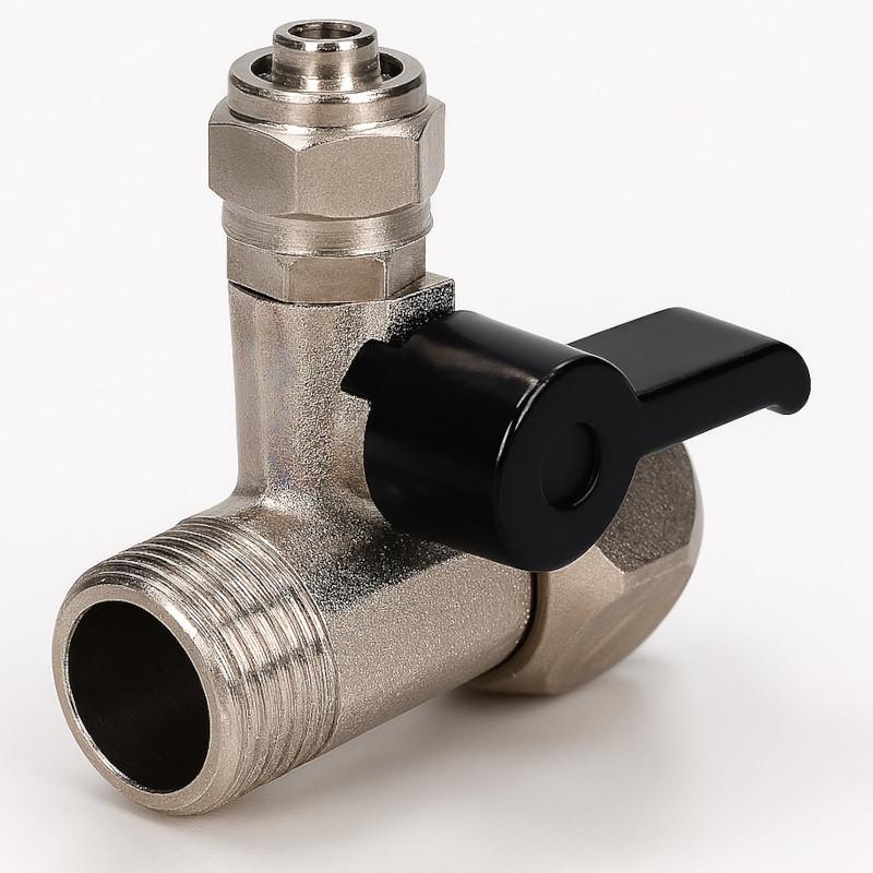 Mosiężne przyłącze 1/2" z zaworem i wyjściem 1/4" – do filtrów RO, lodówek i kostkarek