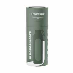 Szklana butelka na wodę 0,5 l Wessper B1 Borosilicate Olive – szczelna, bez BPA, z miarką