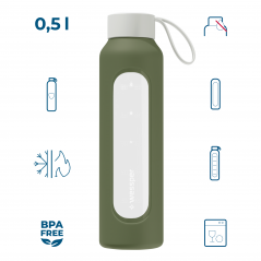 Szklana butelka na wodę 0,5 l Wessper B1 Borosilicate Olive – szczelna, bez BPA, z miarką