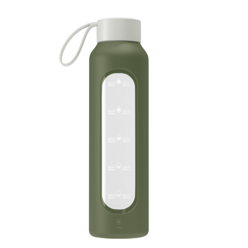 Szklana butelka na wodę 0,5 l Wessper B1 Borosilicate Olive – szczelna, bez BPA, z miarką