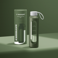 Szklana butelka na wodę 0,5 l Wessper B1 Borosilicate Olive – szczelna, bez BPA, z miarką