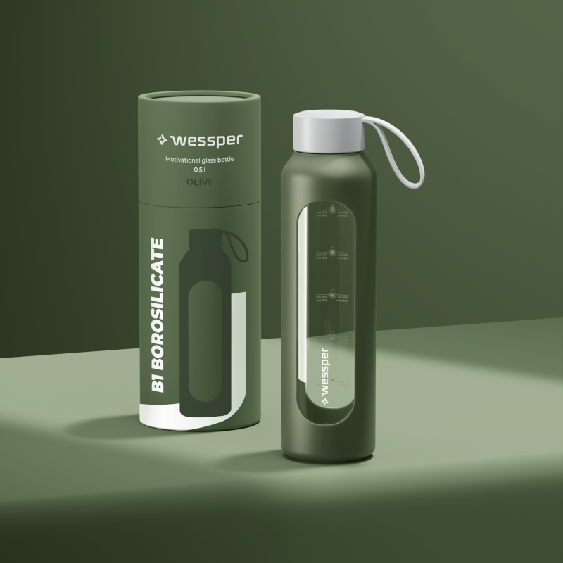 Szklana butelka na wodę 0,5 l Wessper B1 Borosilicate Olive – szczelna, bez BPA, z miarką Szklana butelka na wodę 0,5 l Wessper B1 Borosilicate Olive – szczelna, bez BPA, z miarką