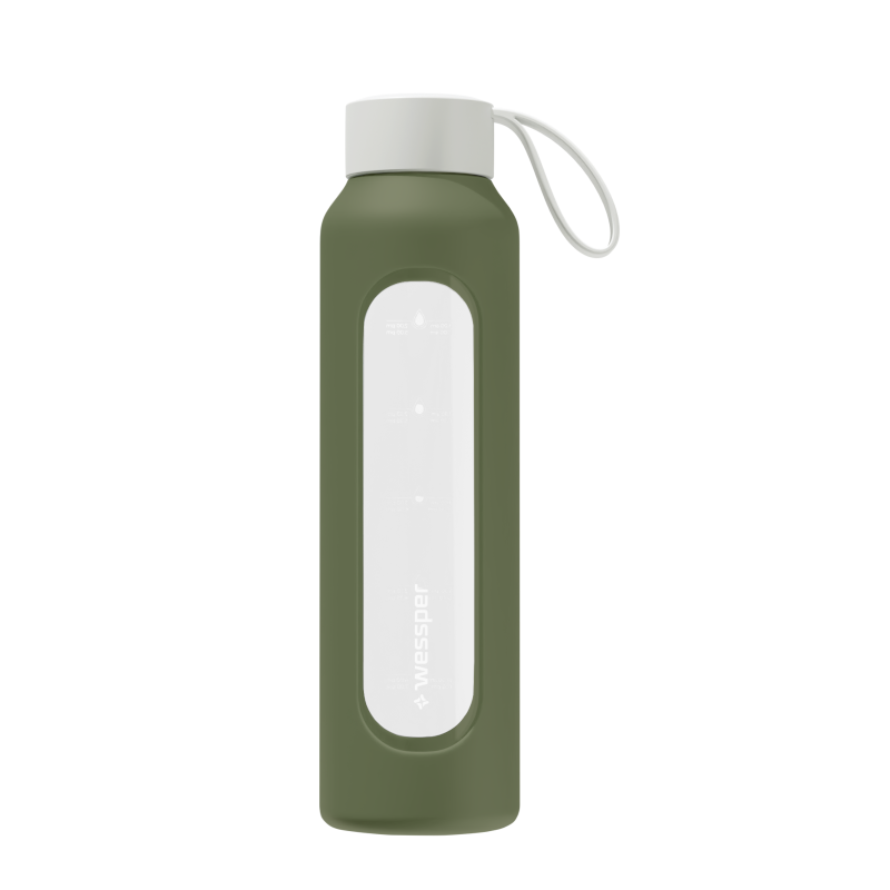Szklana butelka na wodę 0,5 l Wessper B1 Borosilicate Olive – szczelna, bez BPA, z miarką