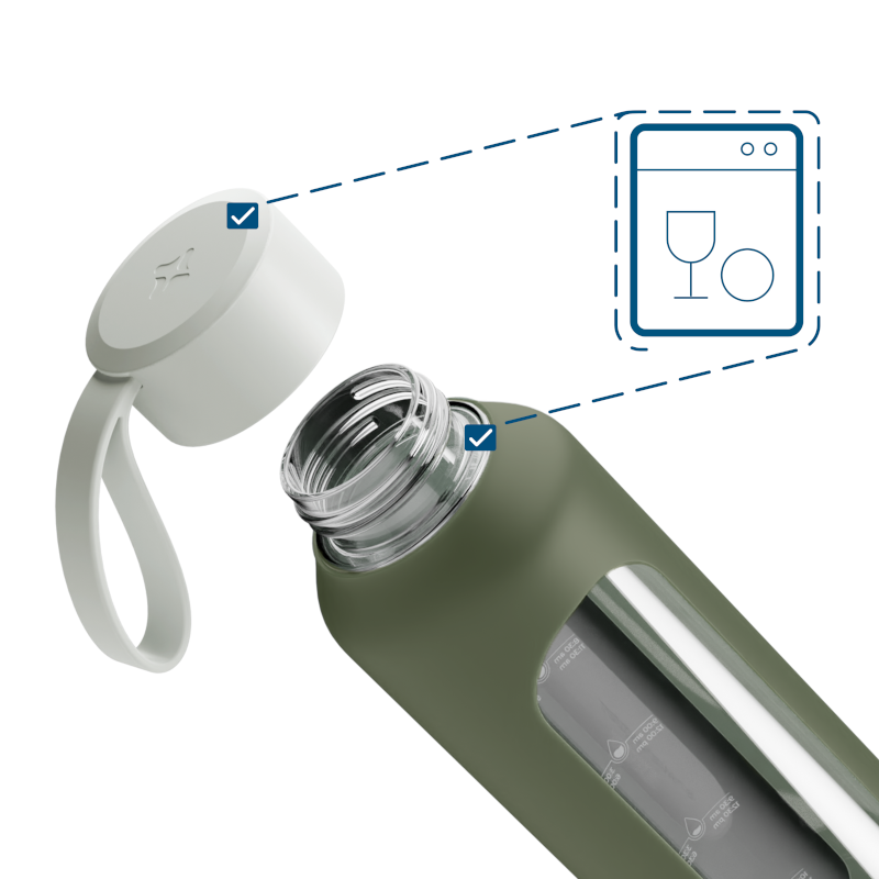 Szklana butelka na wodę 0,5 l Wessper B1 Borosilicate Olive – szczelna, bez BPA, z miarką Szklana butelka na wodę 0,5 l Wessper B1 Borosilicate Olive – szczelna, bez BPA, z miarką