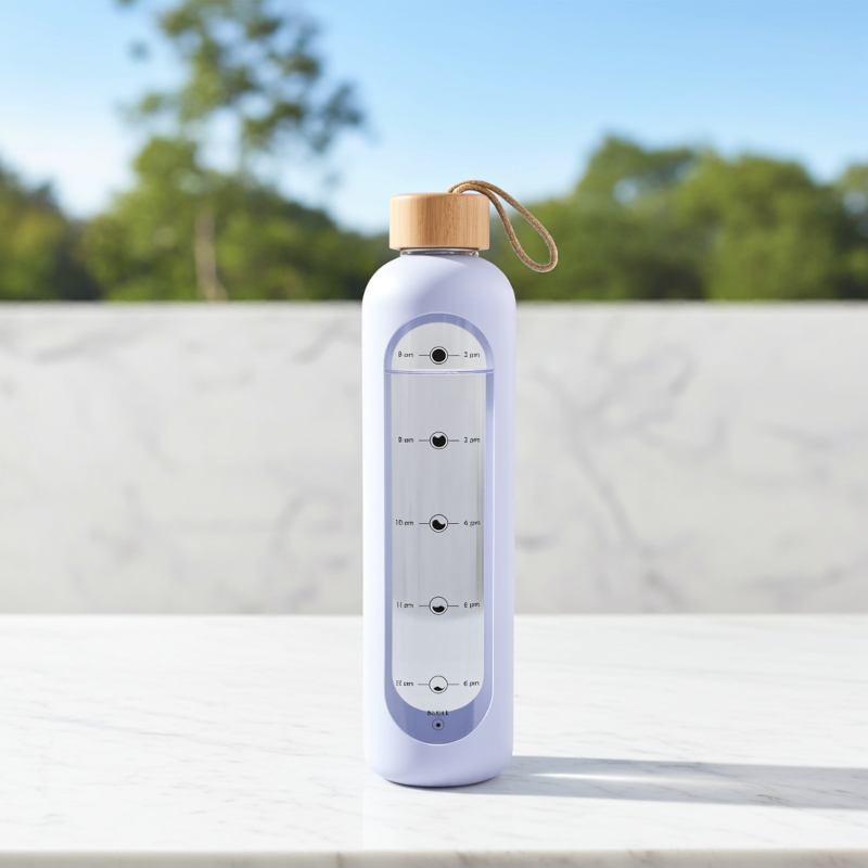 Szklana butelka motywacyjna Aquafloow MotivateGlass z fioletowym etui 1000 ml Szklana butelka motywacyjna Aquafloow MotivateGlass z fioletowym etui 1000 ml