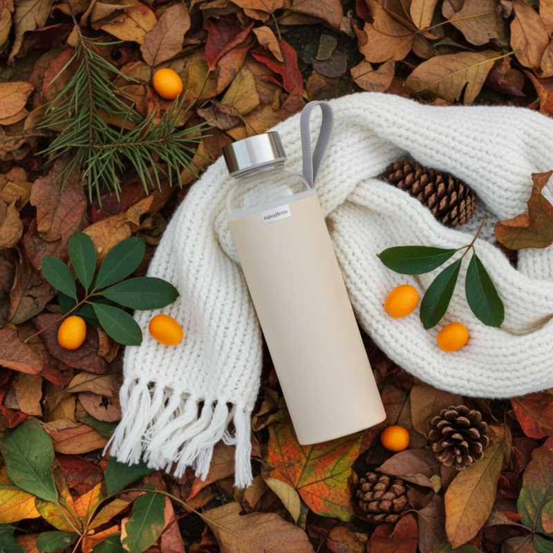 Szklana butelka na wodę w beżowym, neoprenowym etui AquaFloow 700 ml Szklana butelka na wodę w beżowym, neoprenowym etui AquaFloow 700 ml