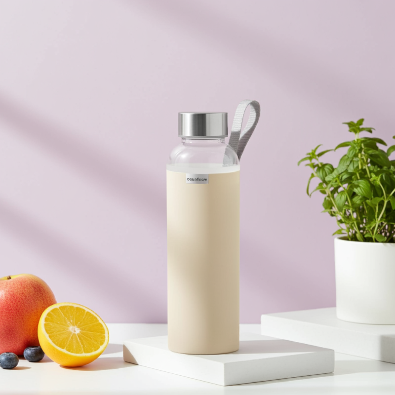 Szklana butelka na wodę w beżowym, neoprenowym etui AquaFloow 700 ml Szklana butelka na wodę w beżowym, neoprenowym etui AquaFloow 700 ml