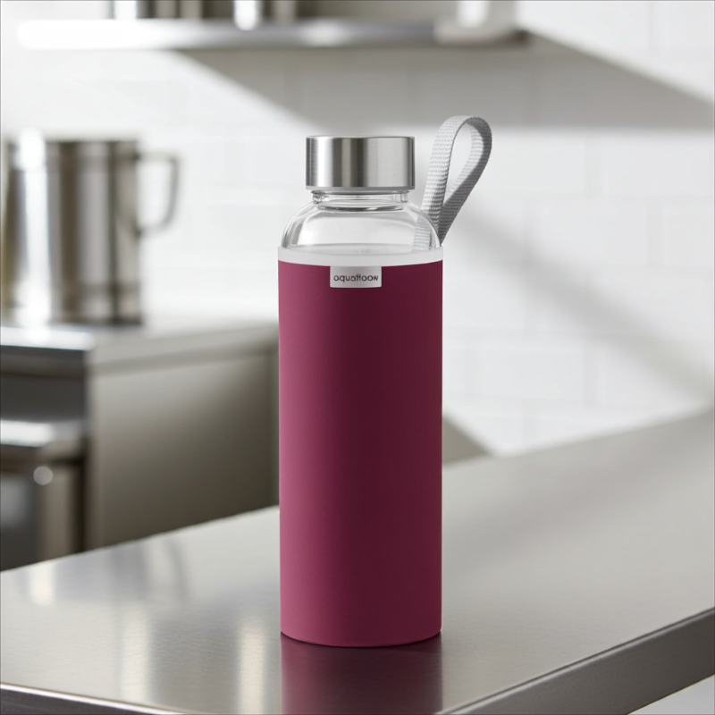 Szklana butelka na wodę w burgundowym, neoprenowym etui AquaFloow 700 ml Szklana butelka na wodę w burgundowym, neoprenowym etui AquaFloow 700 ml