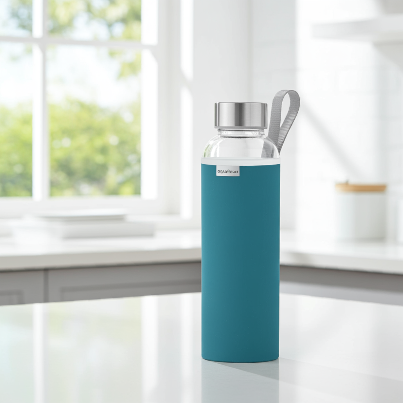 Szklana butelka na wodę w ciemnoniebieskim, neoprenowym etui AquaFloow 700 ml Szklana butelka na wodę w ciemnoniebieskim, neoprenowym etui AquaFloow 700 ml