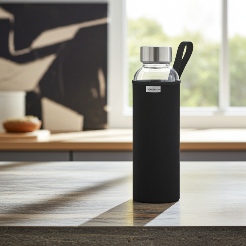 Szklana butelka na wodę w czarnym, neoprenowym etui AquaFloow 700 ml Szklana butelka na wodę w czarnym, neoprenowym etui AquaFloow 700 ml