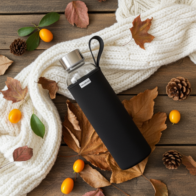 Szklana butelka na wodę w czarnym, neoprenowym etui AquaFloow 700 ml Szklana butelka na wodę w czarnym, neoprenowym etui AquaFloow 700 ml