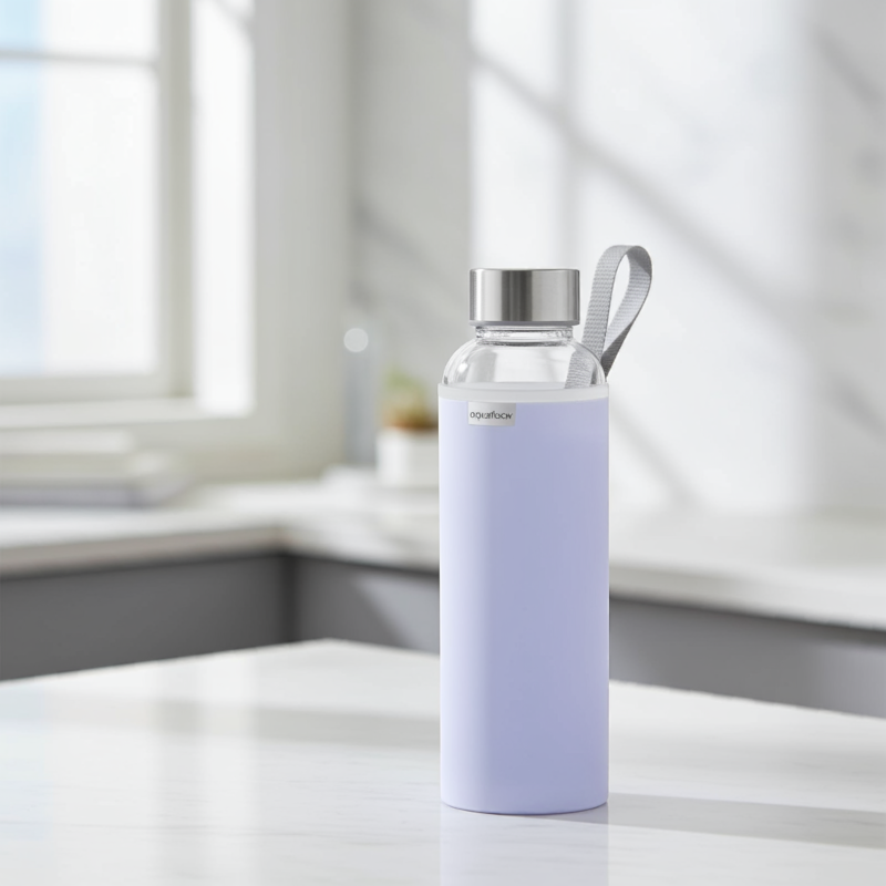 Szklana butelka na wodę w fioletowym, neoprenowym etui AquaFloow 700 ml Szklana butelka na wodę w fioletowym, neoprenowym etui AquaFloow 700 ml