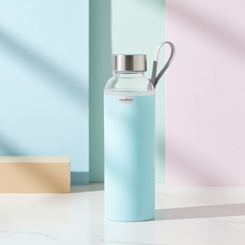 Szklana butelka na wodę w jasnoniebieskim, neoprenowym etui AquaFloow 700 ml Szklana butelka na wodę w jasnoniebieskim, neoprenowym etui AquaFloow 700 ml