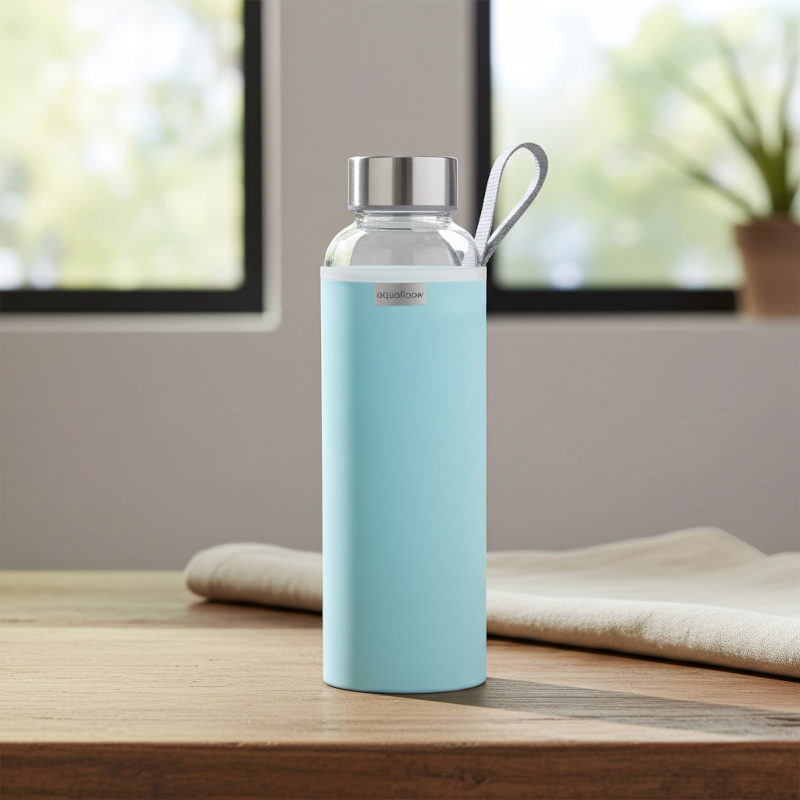 Szklana butelka na wodę w jasnoniebieskim, neoprenowym etui AquaFloow 700 ml Szklana butelka na wodę w jasnoniebieskim, neoprenowym etui AquaFloow 700 ml