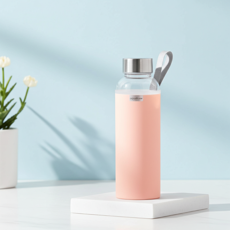 Szklana butelka na wodę w różowym, neoprenowym etui AquaFloow 700 ml Szklana butelka na wodę w różowym, neoprenowym etui AquaFloow 700 ml