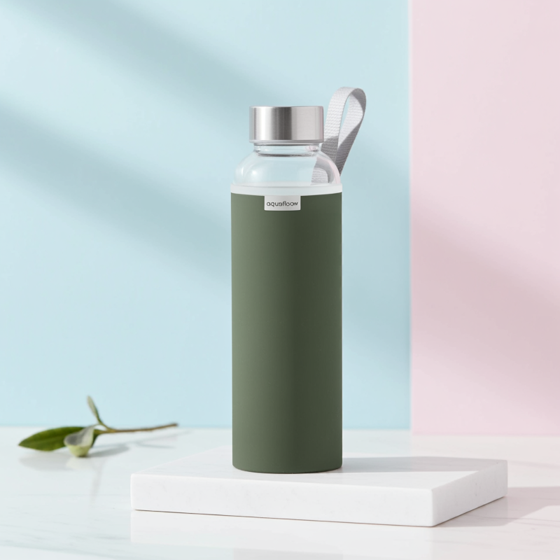 Szklana butelka na wodę w zielonym, neoprenowym etui AquaFloow 700 ml Szklana butelka na wodę w zielonym, neoprenowym etui AquaFloow 700 ml